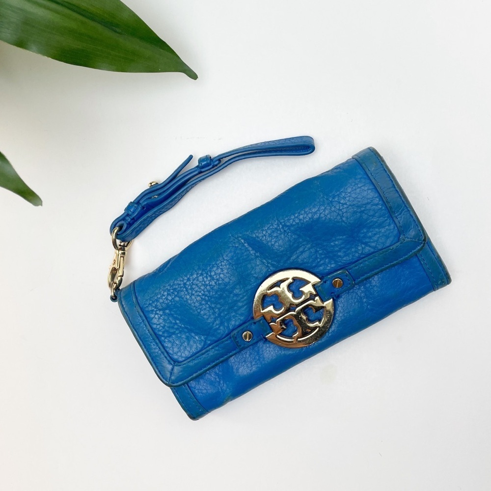 Tory Burch "Amanda" Wallet/wristlet Bright Blue Pebble Leather